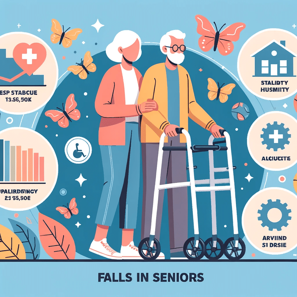 Vector infographic showcasing the statistics from the CDC about falls in seniors, with visuals of walkers offering stability and protection against accidents. Vector infographic showcasing the statistics from the CDC about falls in seniors, with visuals of walkers offering stability and protection against accidents.