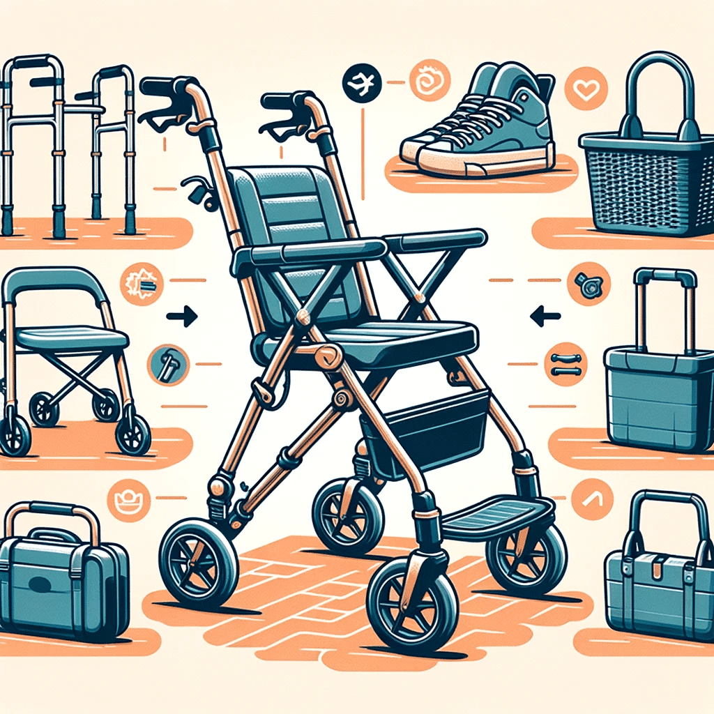 Illustration showcasing the side-by-side features of rollators, such as wheels on all four legs, padded seats, and storage baskets, emphasizing their ease of use and added functionalities. Illustration showcasing the side-by-side features of rollators, such as wheels on all four legs, padded seats, and storage baskets, emphasizing their ease of use and added functionalities.