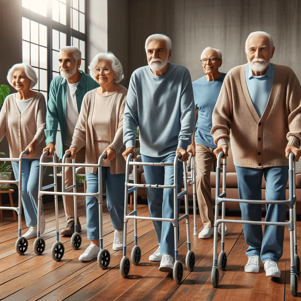 Photo of a group of seniors with diverse genders and descents using various types of walkers in a community setting, emphasizing the role of walkers in elderly support and safety. Photo of a group of seniors with diverse genders and descents using various types of walkers in a community setting, emphasizing the role of walkers in elderly support and safety.