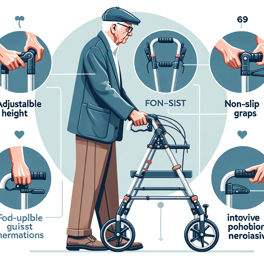 Vector infographic detailing key features of walkers for seniors: adjustable height, non-slip grips, folding mechanism, and the upright posture of innovative models. Vector infographic detailing key features of walkers for seniors: adjustable height, non-slip grips, folding mechanism, and the upright posture of innovative models.