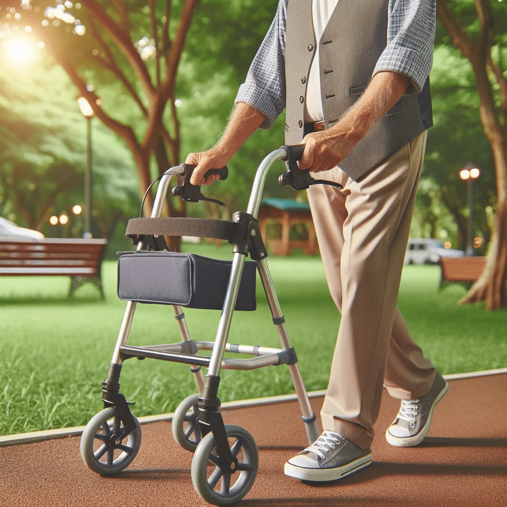 Photo of a senior man using a four-wheel walker in a park, highlighting its added mobility features and the smooth movement it offers. Photo of a senior man using a four-wheel walker in a park, highlighting its added mobility features and the smooth movement it offers.