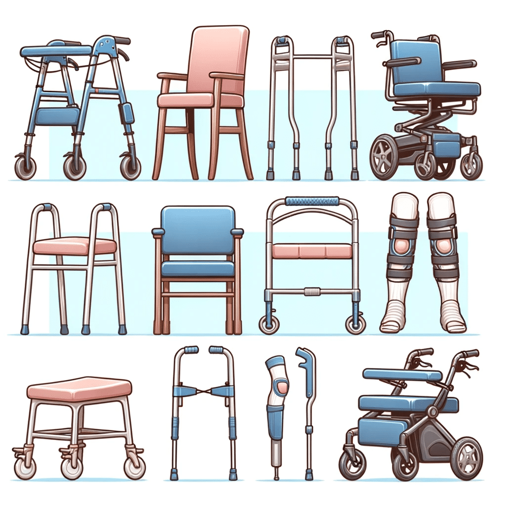 Illustration of various medical walkers designed for specific rehabilitation needs, including a knee walker and others tailored for post-surgery recovery. Illustration of various medical walkers designed for specific rehabilitation needs, including a knee walker and others tailored for post-surgery recovery.