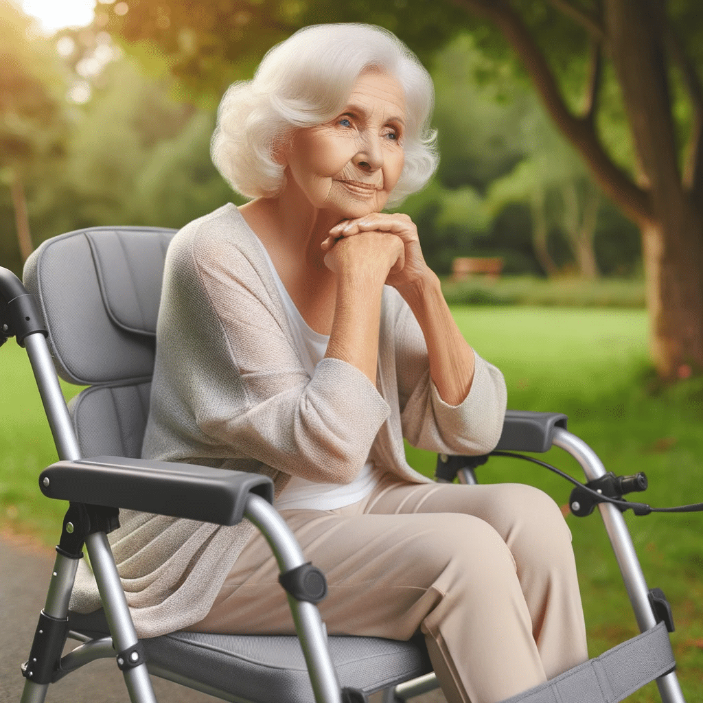Photo of an elderly woman sitting comfortably on a walker with a padded seat and backrest, taking a break during a long walk. Photo of an elderly woman sitting comfortably on a walker with a padded seat and backrest, taking a break during a long walk.