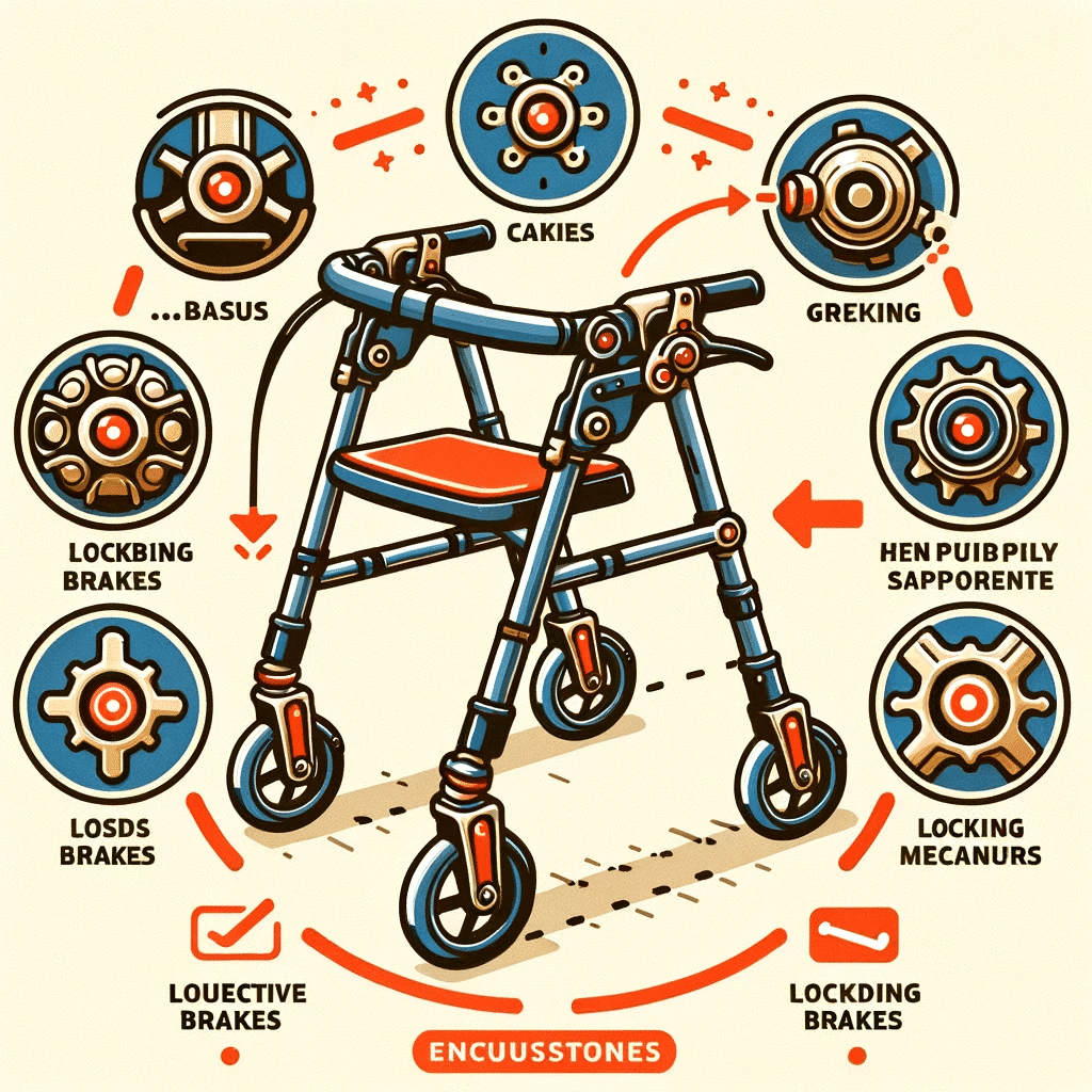 Vector infographic detailing the importance of locking brakes in walkers, showing the mechanism and emphasizing its significance in ensuring safety. Vector infographic detailing the importance of locking brakes in walkers, showing the mechanism and emphasizing its significance in ensuring safety.
