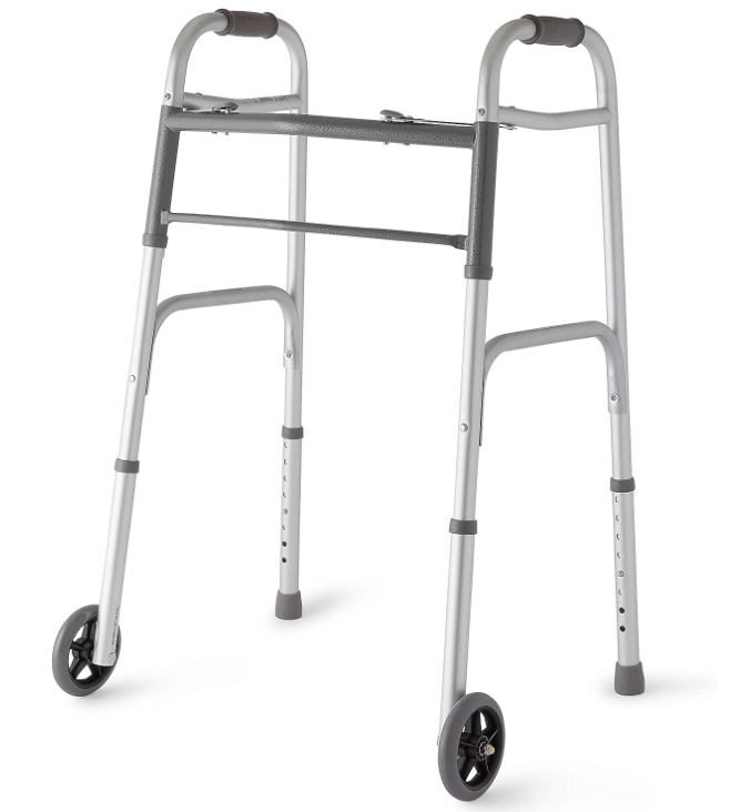 Best Walkers for Seniors on a Budget: #5. Medline Two-Button Folding Walker with Wheels, Metallic, 1 Count Best Walkers for Seniors on a Budget: #5. Medline Two-Button Folding Walker with Wheels, Metallic, 1 Count